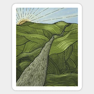 Green Hills and Sun Line Art Design Sticker